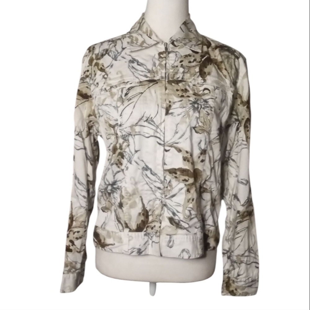 Chicos Cotton Blend Botanical Print Full Zip Jean Style Jacket Size 0 Small